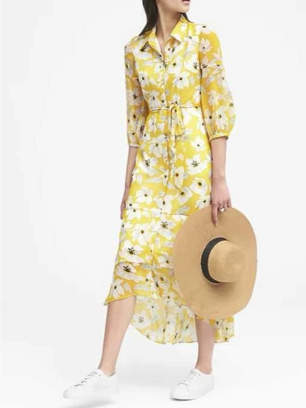 Banana Republic Floral Dress Yellow Midi Tiered Romantic Cottagecore Womens 8
